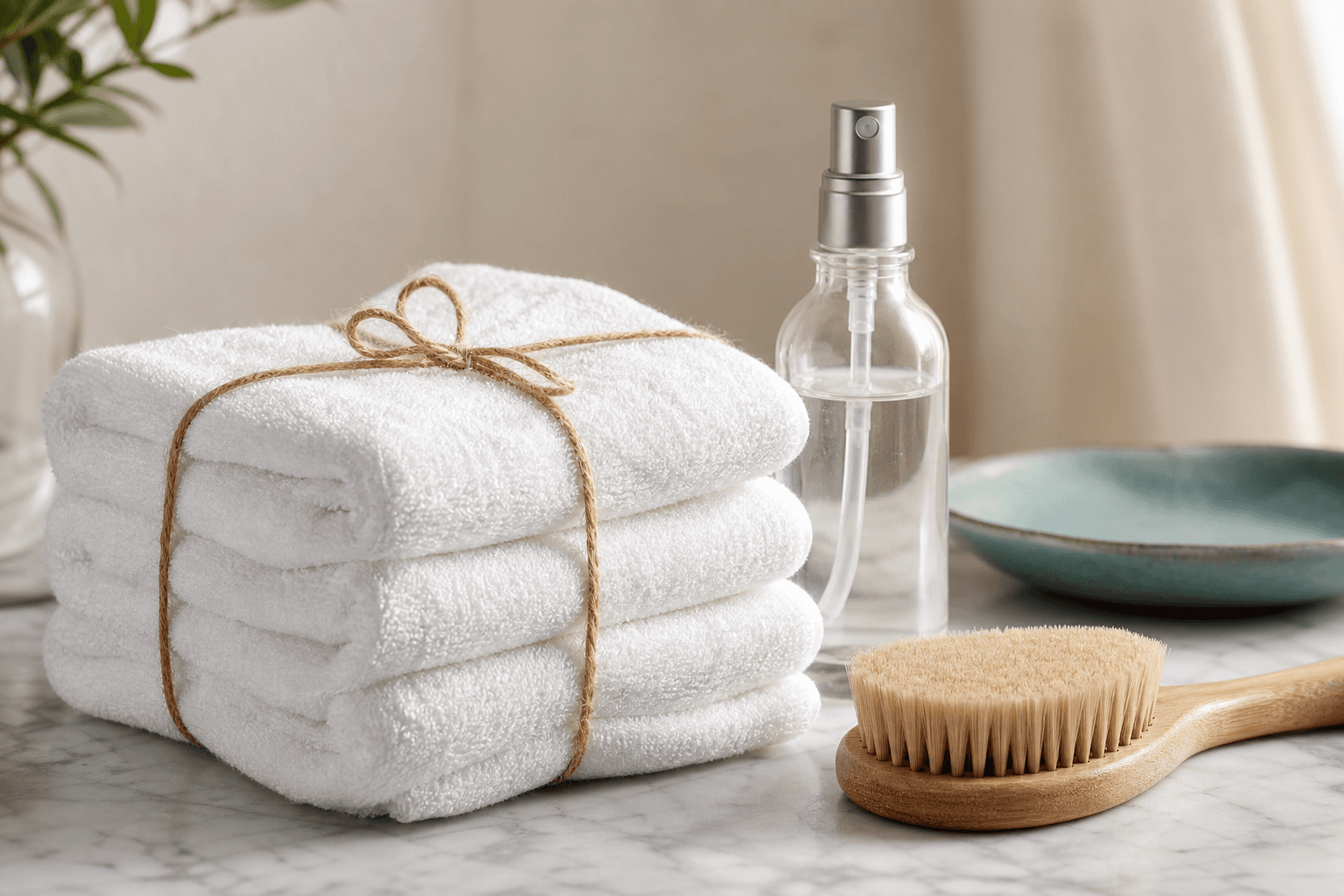 Fresh folded towels and cleaning tools on a marble counter